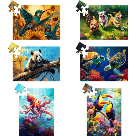 6 Pack 24 Large Piece Puzzle for Seniors Paper Dementia Puzzles for Elderly Adults Easy Puzzle Hummingbird Turtle Dog Panda Jigsaw Puzzle Activities for Elderly Seniors Gift