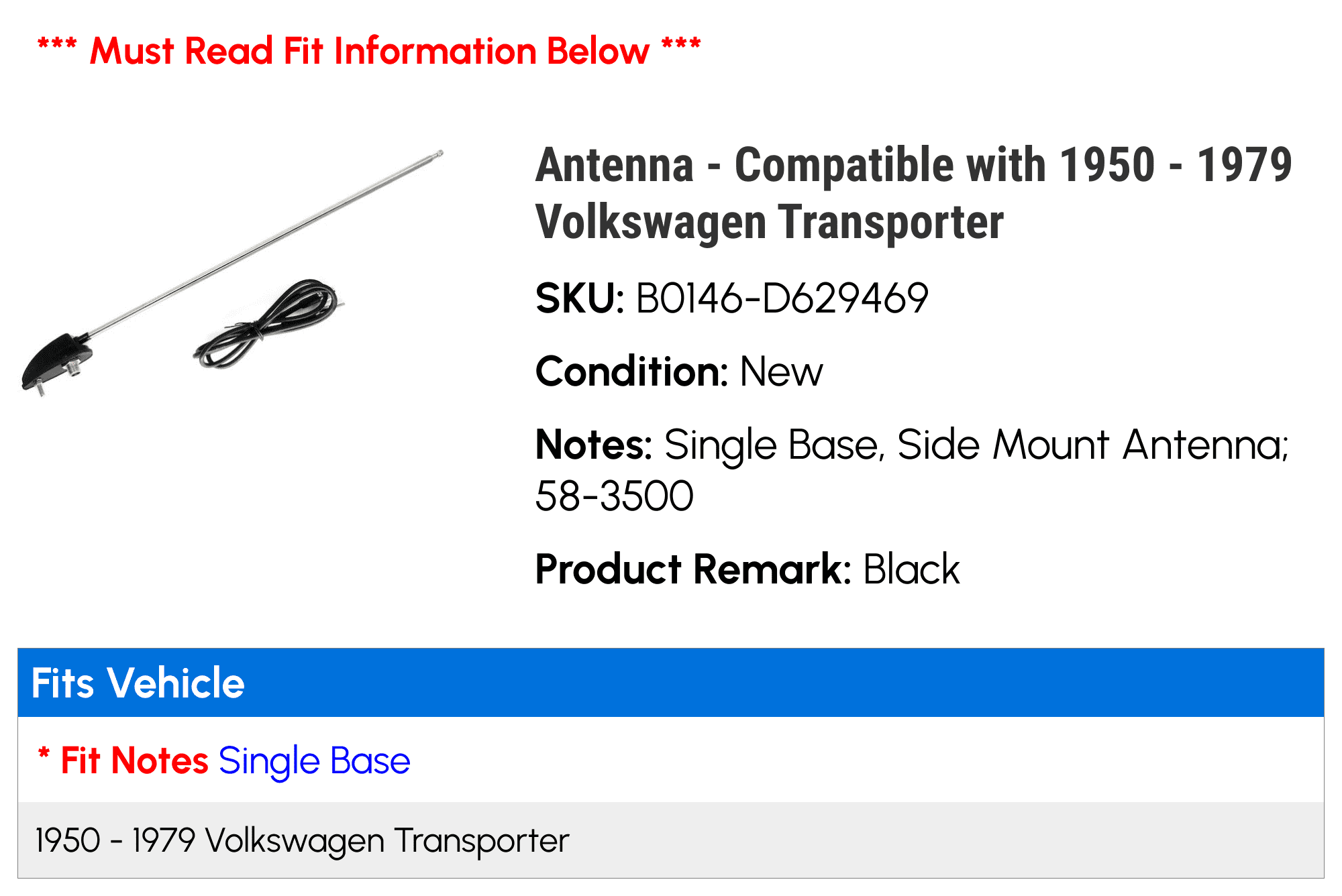 Antenna - Compatible with 1950 - 1979 Volkswagen Transporter 1951 1952 1953  1954 1955 1956 1957 1958 1959 1960 1961 1962 1963 1964 1965 1966 1967 1968  1969 1970 1971 1972 1973 1974 1975 1976 1977 