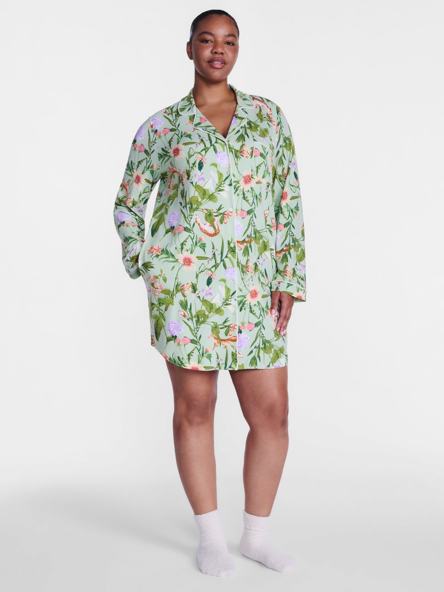 Joyspun Women's Dreamy Soft Collection Notch Collar Sleepshirt with Long Sleeves, Sizes XS-3X