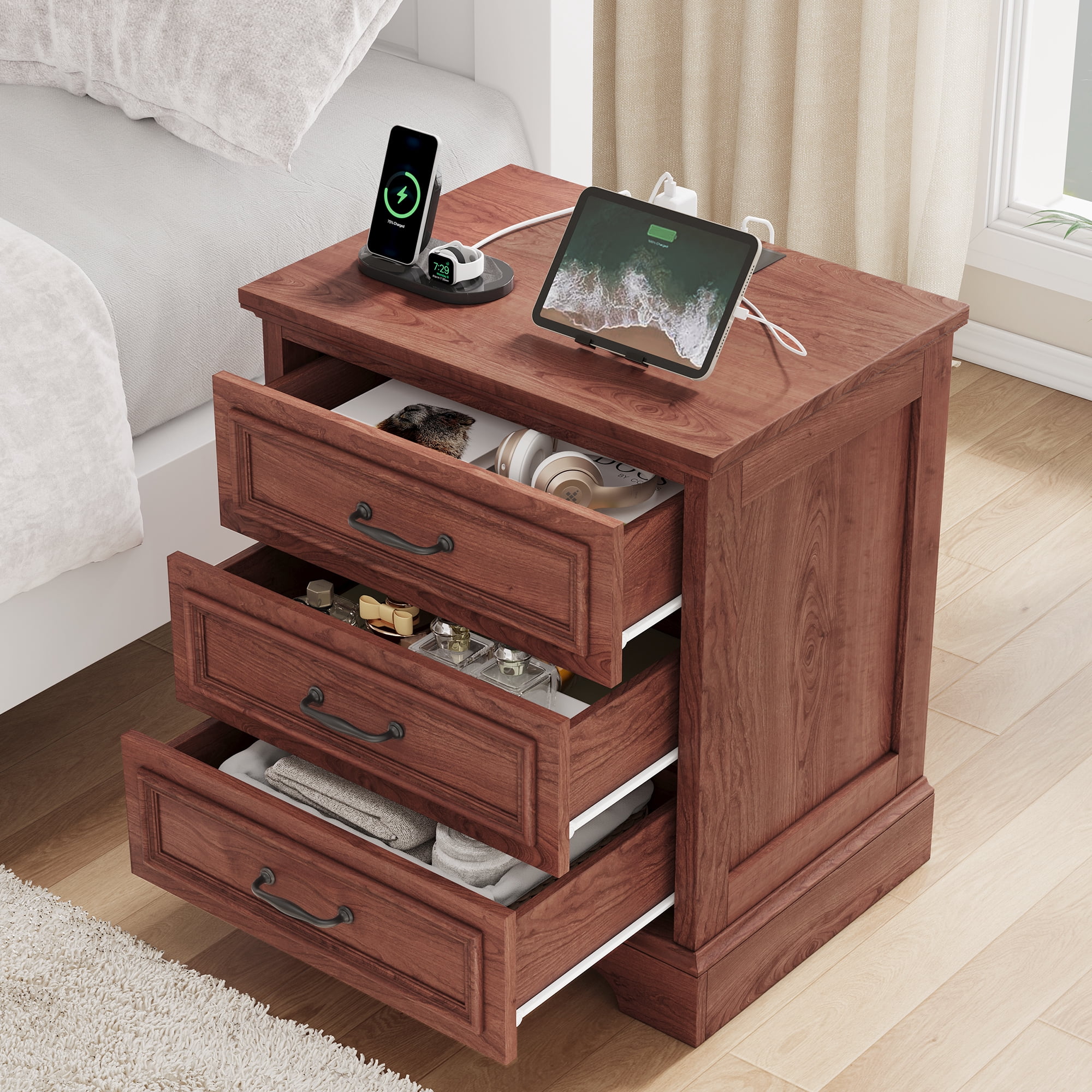 Farmhouse Nightstand with Charging Station, 3 Drawers Bedside Table for Bedroom for Adults, Cherry Brown
