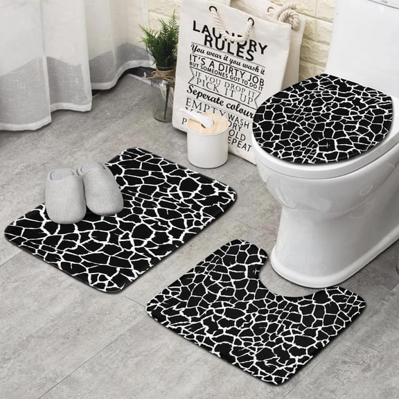 Black and White Giraffe Pattern Bathroom Rugs Sets 3 Piece,Toilet Cover Set,Absorbent Non Slip Bathroom Mats Sets with U-Shaped Contour Rug Toilet Rug Set