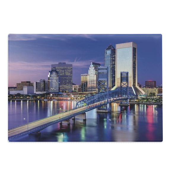 United States Cutting Board, Urban Cityscape Bridge Office Buildings Jacksonville Florida, Decorative Tempered Glass Cutting and Serving Board, Large Size, Pink Apple Green, by Ambesonne