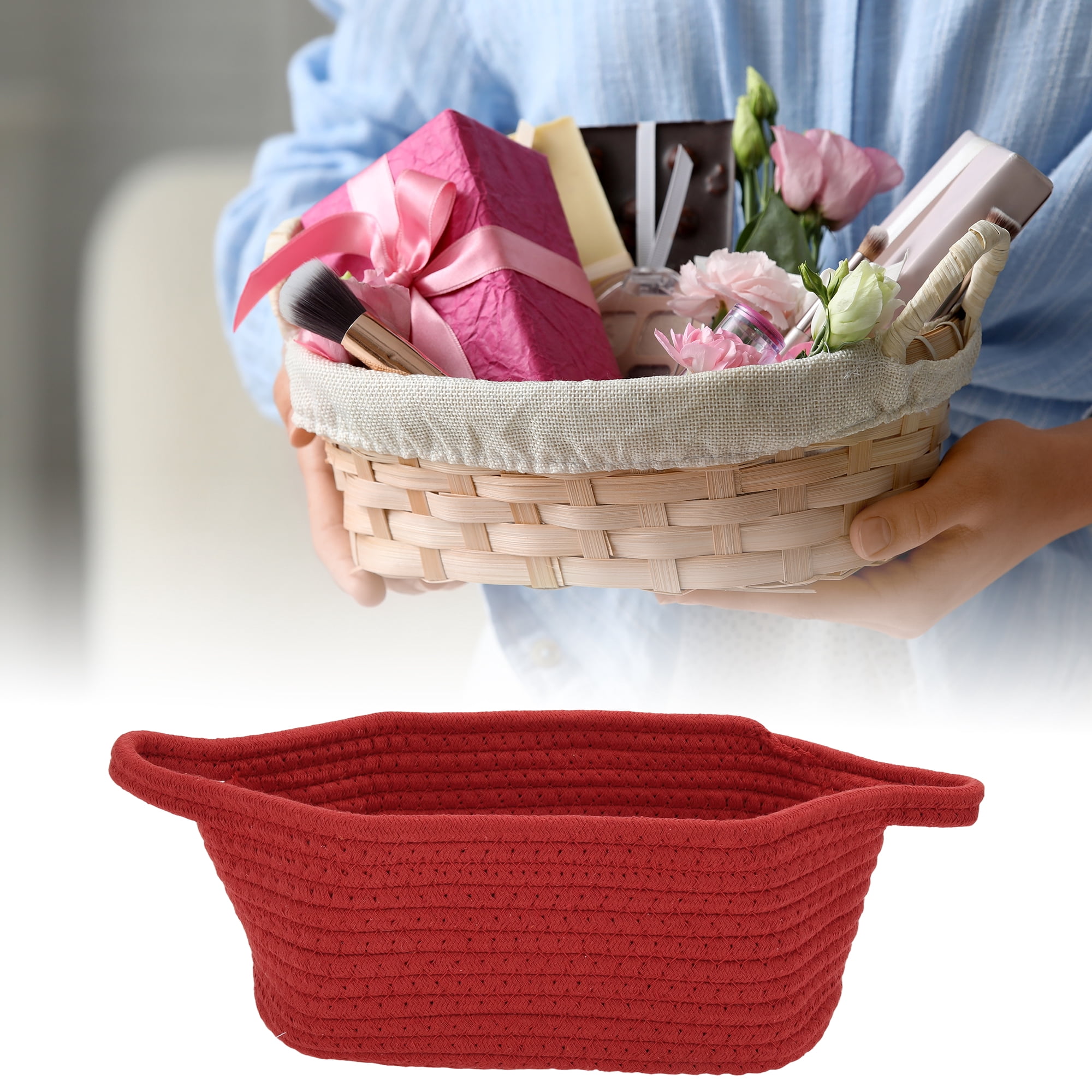 Unique Bargains Woven Empty Gift Decorative Basket with Gift Bag and Ribbon Red