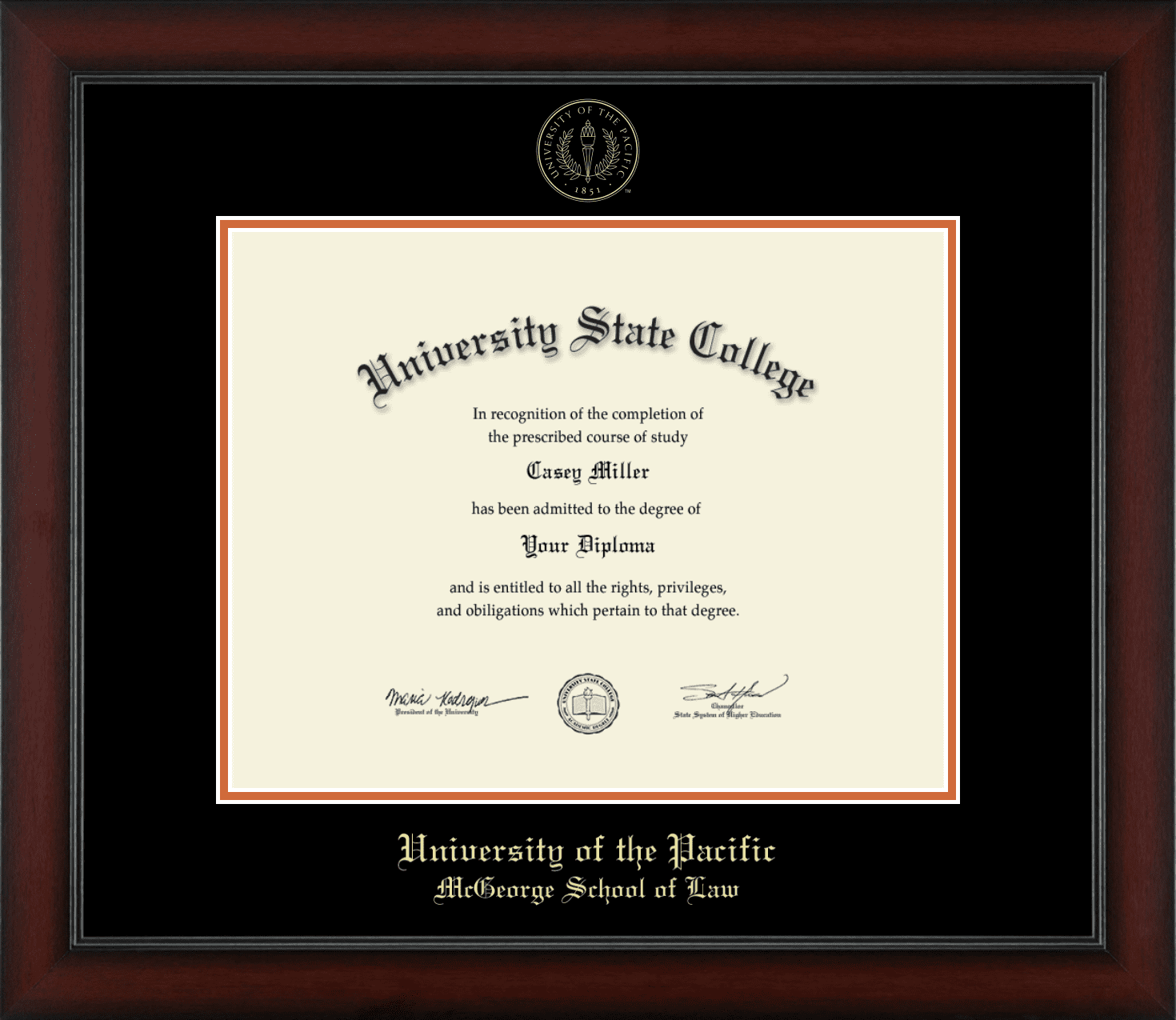 University of the Pacific School of Law Diploma Frame