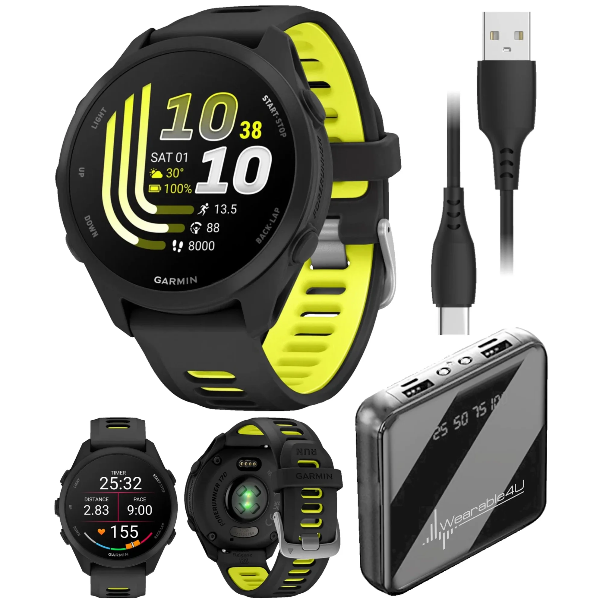 Garmin Forerunner 170 GPS Running Smartwatch, Advanced Training Metrics & Recovery Insights, Black with Black/Amp Yellow Band with Wearable4U PowerBank Bundle