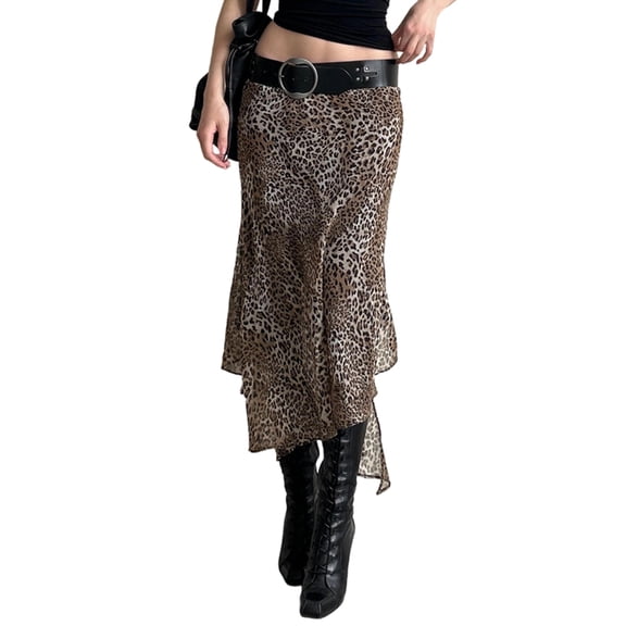 Women'S Long Leopard Print Skirt High Waist Mesh Maxi with Irregular Hem for Spring and Color L