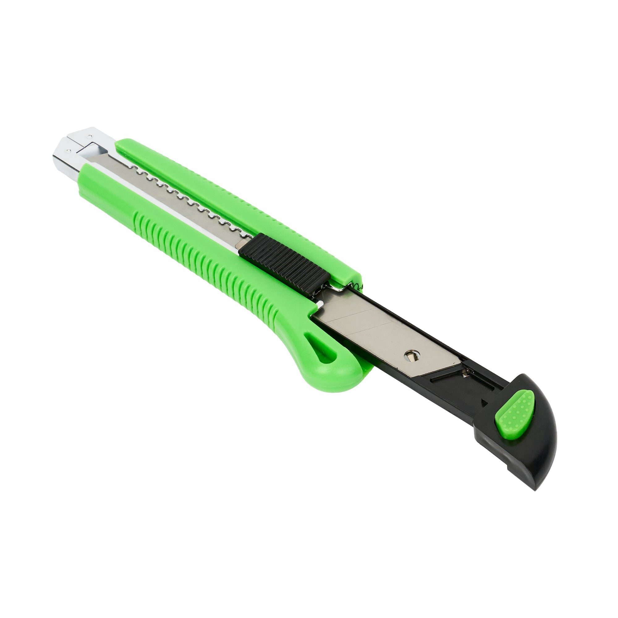Restaurantware-Handy Tek 6.7 Inch Snap Off Blade Knives, 12 Retractable Box Cutters - Includes 36 Sharp Blades, 18mm Wide, Green Plastic Auto Loading Utility Knives, Built-In Lock, Ergonomic Handle