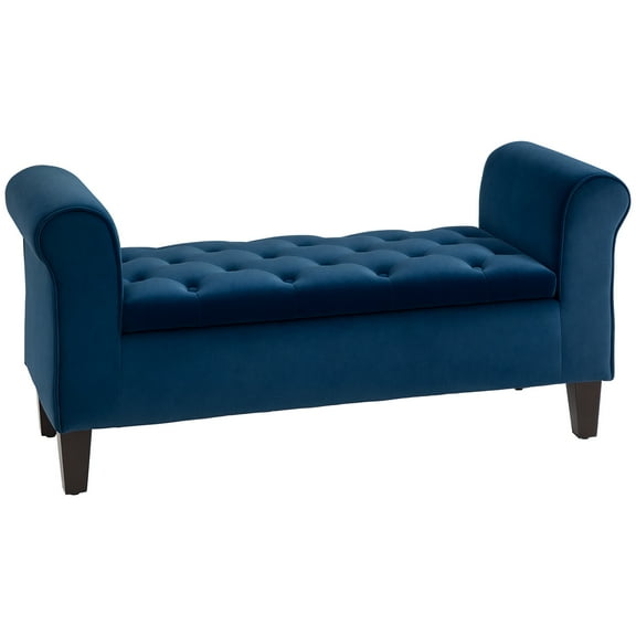 Homiyad Button-Tufted Storage Ottoman Bench, Upholstered Bench with Rolled Armrests for Living Room or Hallway, Blue