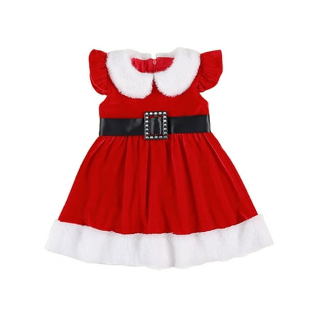 

Yinyinxull Toddler Kids Baby Girls Christmas Dress Fly Sleeve Plush Lapel Collar Hem Princess Dresses Red 3-4 Years