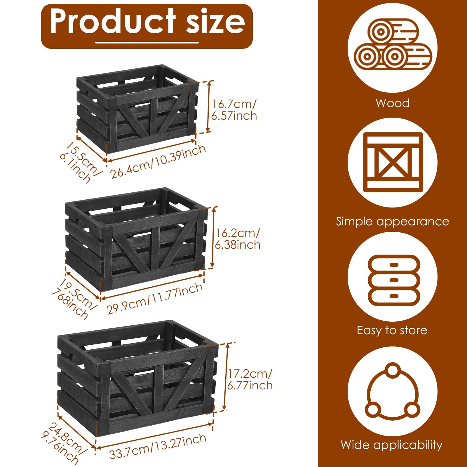 3 Pcs Wood Storage Crate Set Stackable Nesting Wooden Basket with Handles for Kitchen Fruit Vegetable Pantry Organization (black )