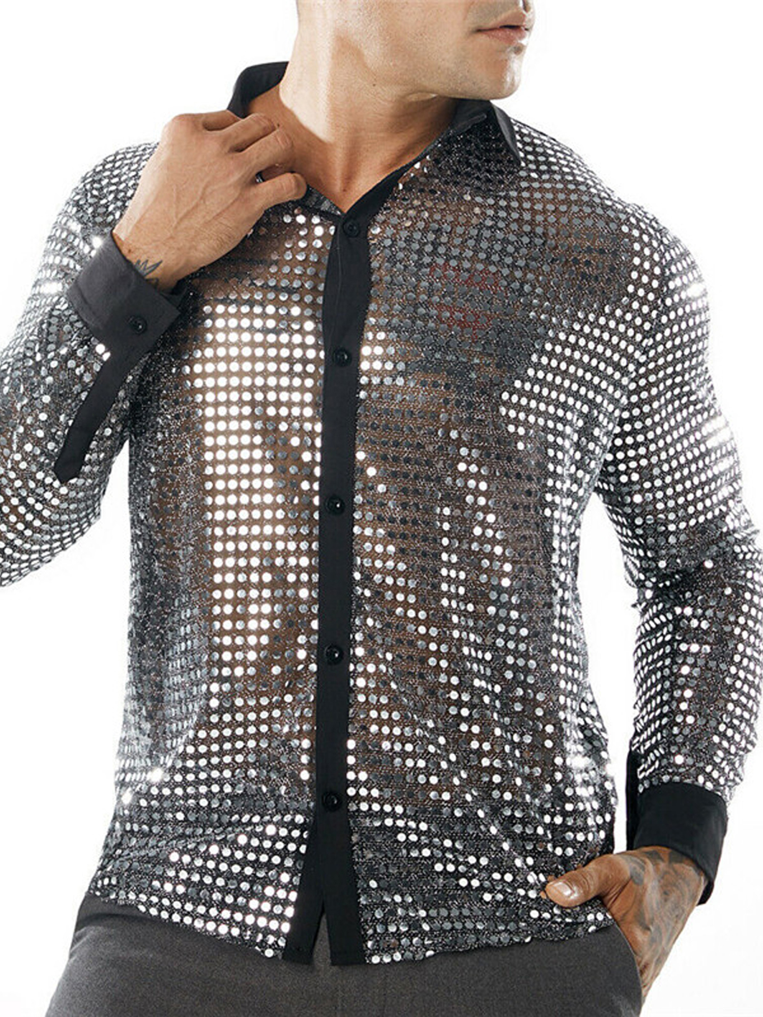TFFR Men Sequins Shirts Translucent Tops Long Sleeve Button Down Shirt ...