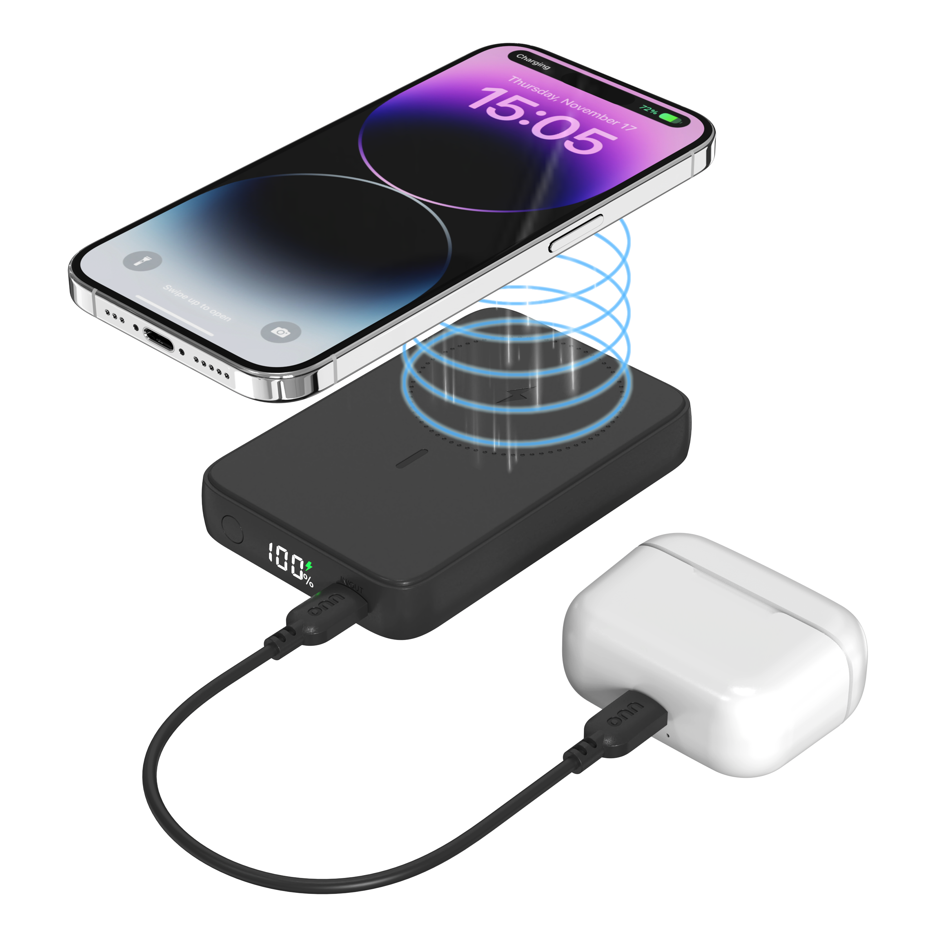 onn 10,000 mAh Batería Portátil Magnética, Certificada Qi2, Pantalla LED Digital, Negro - Compatible con iPhone 17/16/15/14/13/12, Pixel 10 5