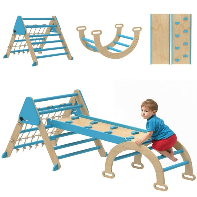 Qaba 8-in-1 Foldable Pikler Triangle Set with Arch, Ramp and Ladder, Blue