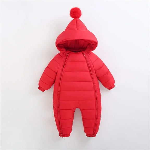 Newborn Baby Winter Jumpsuit Solid Long Sleeves Hooded Snowsuits Overalls Double Zipper Warm Toddler Romper Infant Clothes