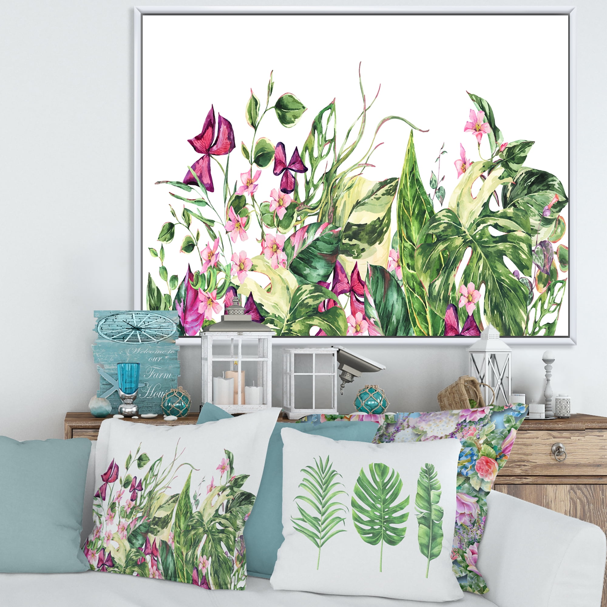 Designart 'Ancient Floral Tropical Leaves I' Tropical Framed Canvas Wall Art Print