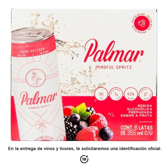 Pack de bebida preparada Palmar hard seltzer spritz frutos rojos con 6 pzas de 355 ml c/u