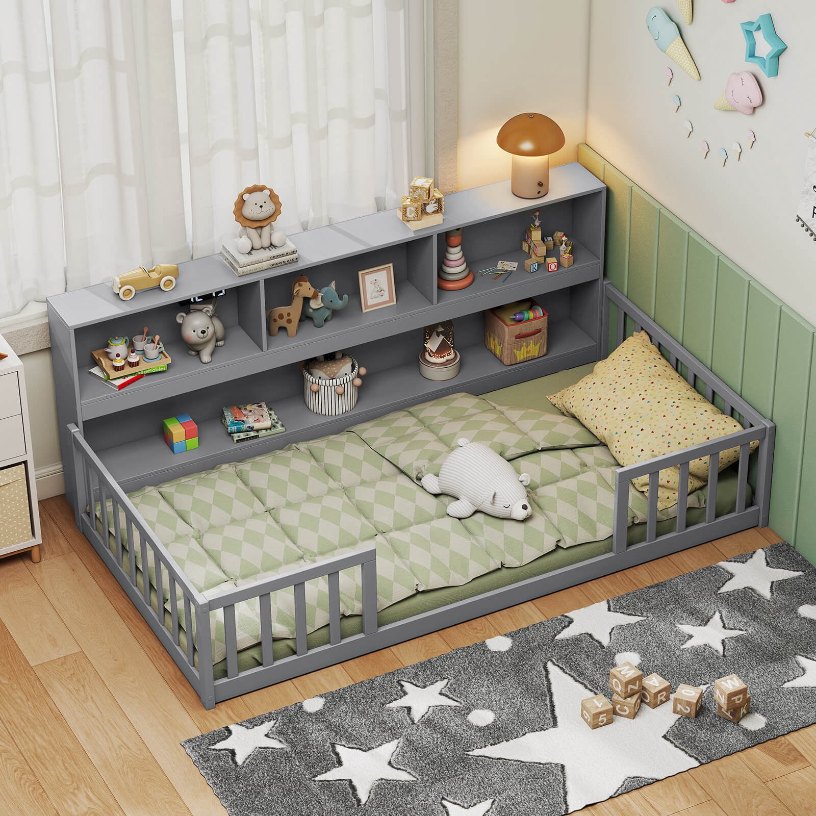 Costway Twin Size Montessori Floor Bed with Bookcase Storage Shelves & Safety Fence Rails Gray