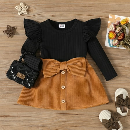 

PatPat Baby Girl Ribbed Knit Tops and A Line Skirt Fall Outfit Set 2pcs Long Sleeve Ruffle Sweater Shirt with Button Front Corduroy Skirt Bowknot Dress Set Infant Girls Casual Clothes 3-24Month