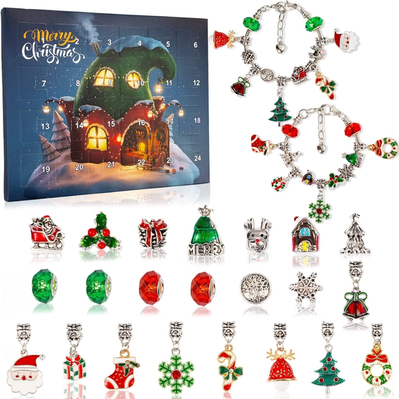 Christmas Advent Calendar Bracelets 2026 for Girls 24 Days Xmas Countdown Calendar DIY Jewelry Making Kit Gift 22 Charm Beads 2 Bracelets for Kids Teens Women