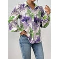 thumbnail image 4 of Women'S Floral Dressy Casual V Neck Button Down Shirts Lantern Long Sleeve Boho Chiffon Fall Tops Purple-Green S, 4 of 7