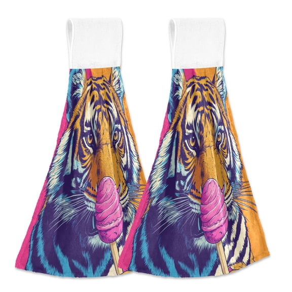 BZSMCE Hanging Hand Towels Fashion Sweet Roar Pattern 2-Pack - Velcro Style Bathroom Kitchen Towels