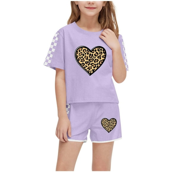 Summer Saving! HVOBTTY Girls Casual 2 Piece Short Sleeve Set, Fashion Boy and Girls' Casual Short Sleeve Round Neck Collar Botton Printed Short Pants Sets Purple, 7 Years