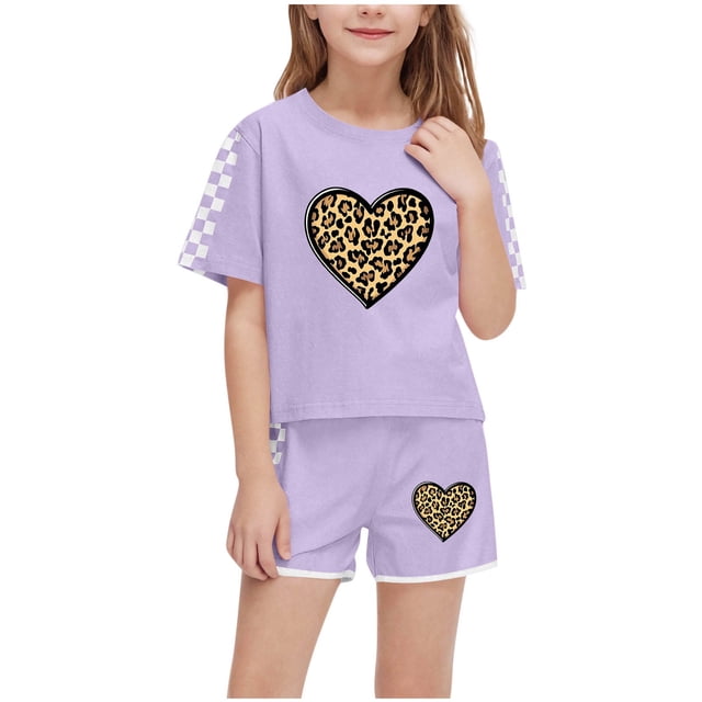 IFNWSV Ensembles d'Été pour Filles Mode Décontractée Manches Courtes Col Rond Col Bouton Imprimé Ensembles de Shorts 9 Ans