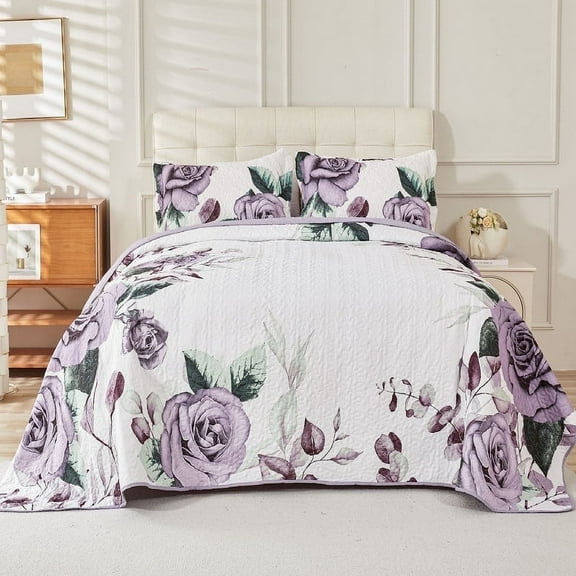 Evenhug Quilt Set 3-Piece Queen Purple Rose Bedding Set Microfiber Floral Quilt Bedding Set With 2 Pillow Shams