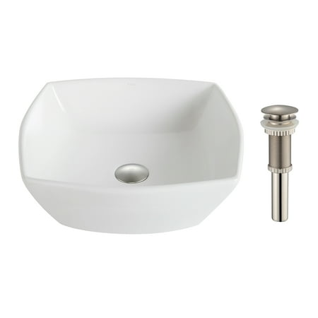 KRAUS Elavo™ Flared Square Ceramic Vessel Bathroom Sink in White with Pop-Up Drain in Brushed Nickel