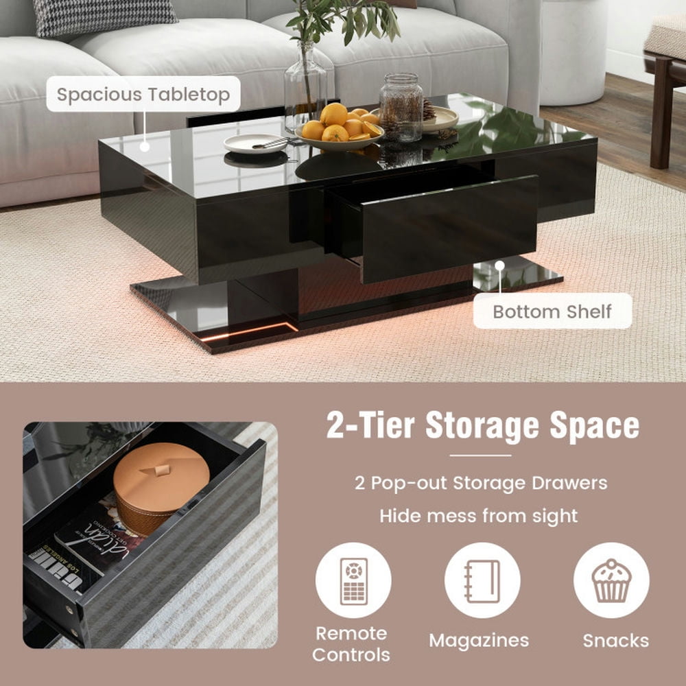 Finihen Coffee Table, LED Coffee Table, Modern LED Coffee Table with 20 Color LED Lights and 2 Storage Drawers, for Living Room, Reception Room, Black Finihen Coffee Table, LED Coffee Table, Modern LED Coffee Table with 20 Color LED Lights and 2 Storage Drawers, for Living Room, Reception Room, Black