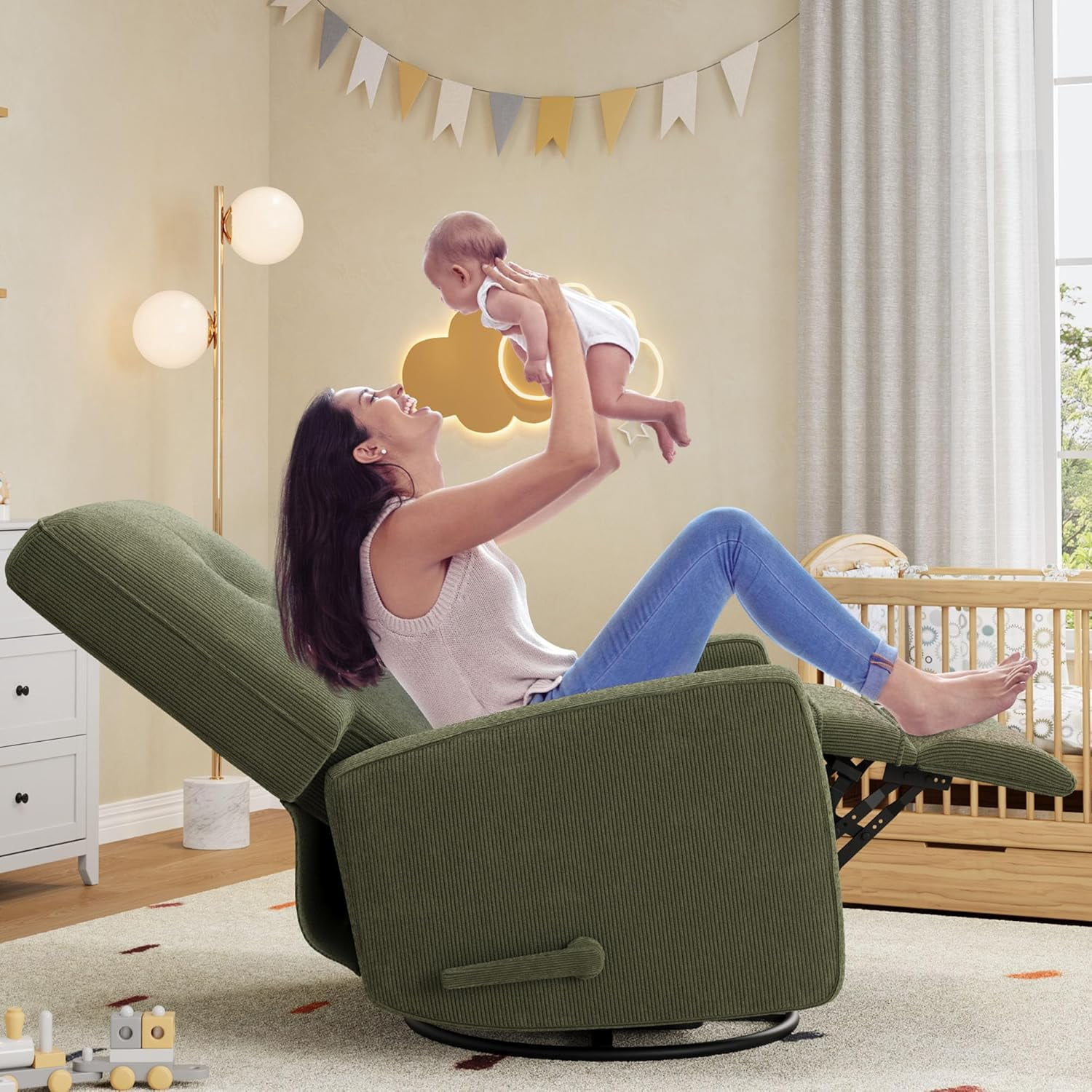 Nursery Recliner Chair, 360° Swivel Rocking Glider Chair for Adults with Adjustable Backrest & Footrest, Cozy Corduroy Upholstered Armchair for Living Rooms, Bedrooms, Apartments, Green