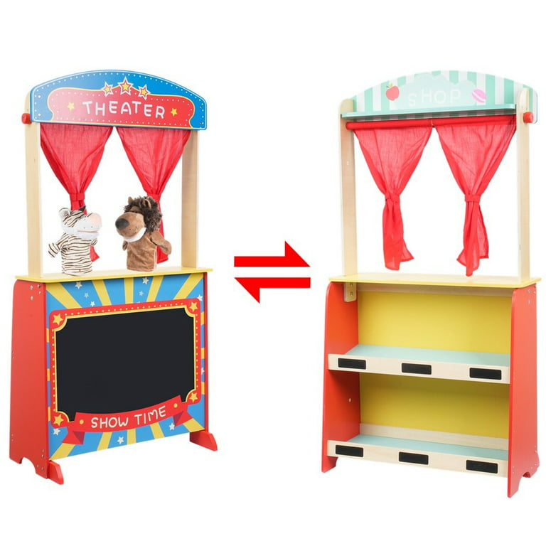 Wooden Puppet Theater Stand with 2 Hand Puppets Chalkboard, Double-Sided  Shop Stand & Stage Puppet Show Theater for Kids, Deluxe Children Puppet