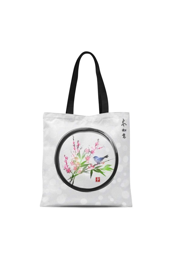 Canvas Tote Bag Sakura in Blossom Bamboo Branch and Little Blue Bird Reusable Shoulder Grocery Shopping Bags Handbag