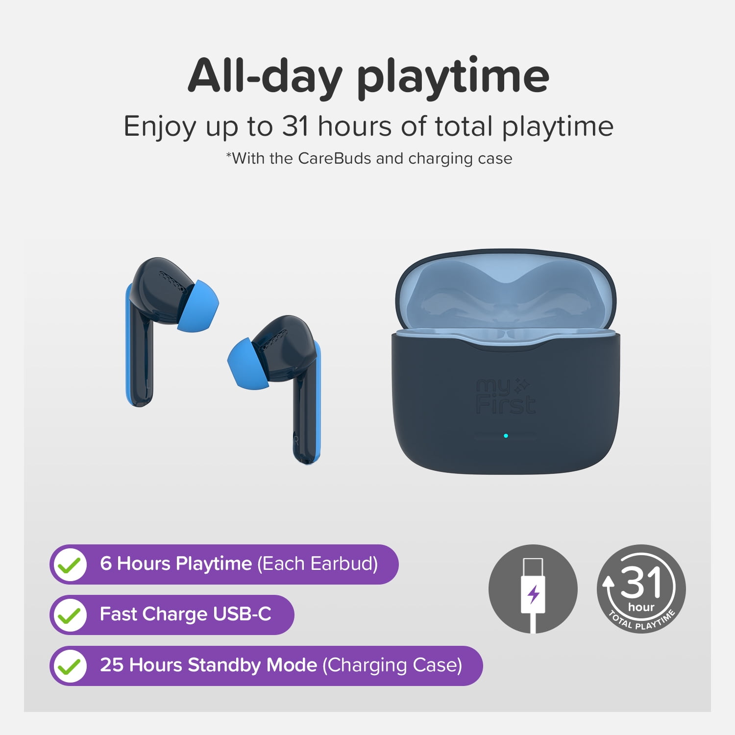 myFirst CareBuds (Space Blue) Kids Wireless Earbuds, 85dB Volume Limit, Built-in ENC Mic, 6 Ear Tips, Anti-Lost Strap, Bluetooth 5.3, IPX4 Waterproof, Gift for Kids 4-15