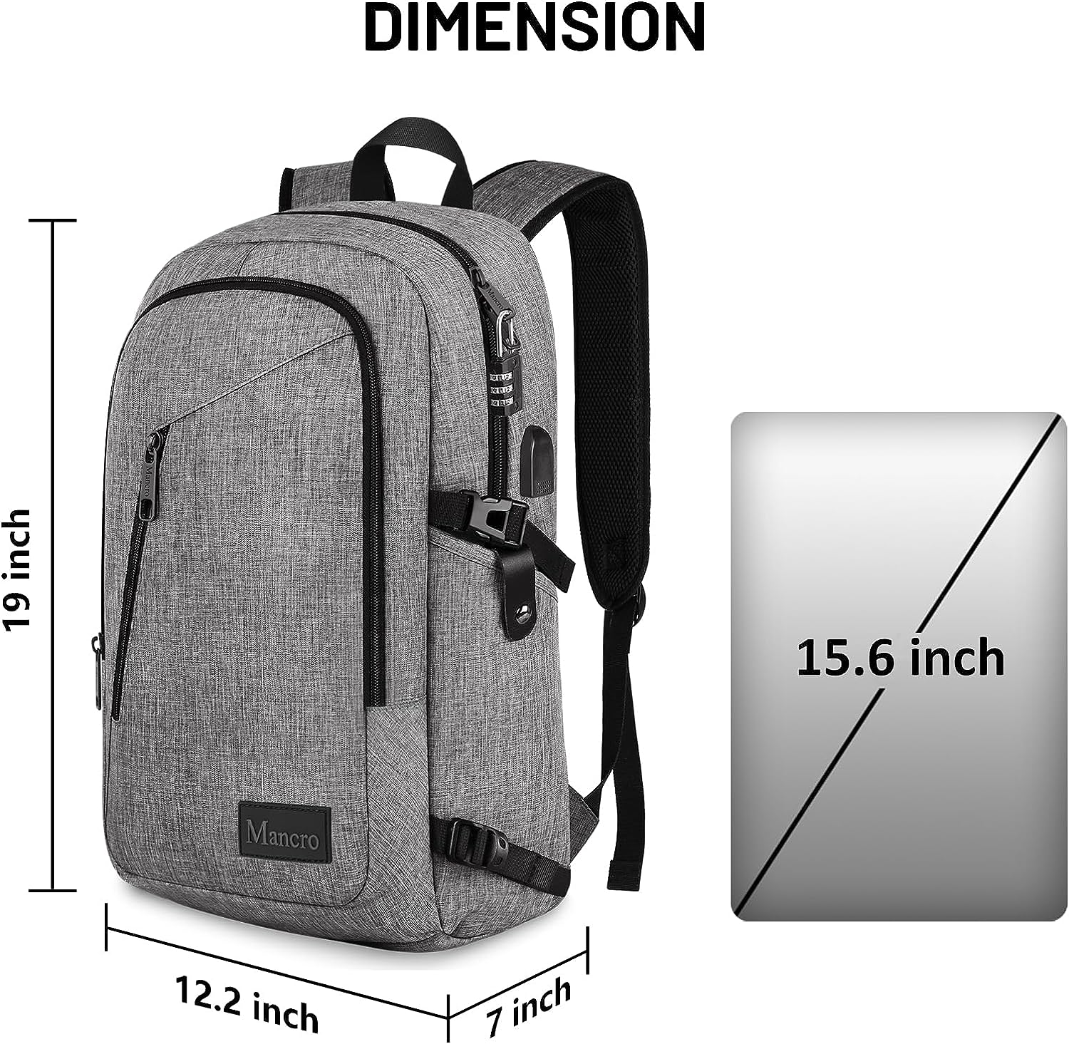 mancro business water resistant polyester laptop backpack with usb charging port and lock fits under 17-inch laptop and notebook, grey - image 5 of 9