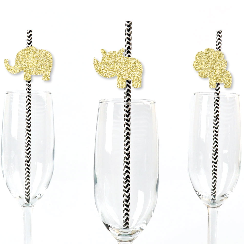 Gold Glitter Lion, Giraffe, Rhino and Elephant Party Straws - No-Mess Real Gold Glitter Cut-Outs and Decorative Safari Jungle Party Paper Straws - Set of 24