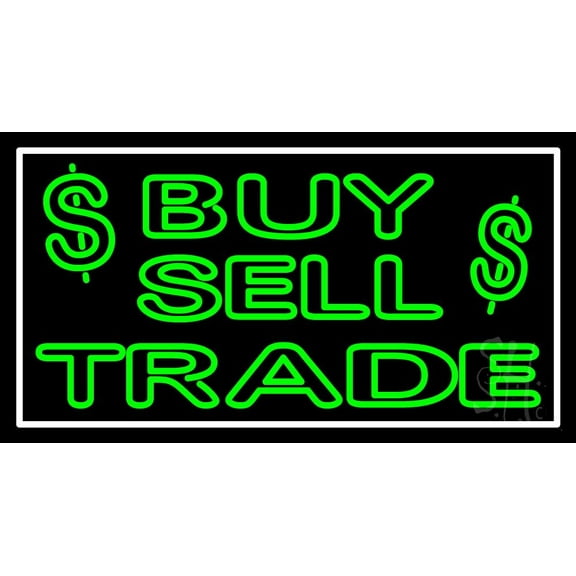 Buy Sell Trade With Dollar Logo LED Neon Sign 13 x 24 - inches, Black Square Cut Acrylic Backing, with Dimmer - Bright and Premium built indoor LED Neon Sign for Pawn Wall decor decor, and storefront.