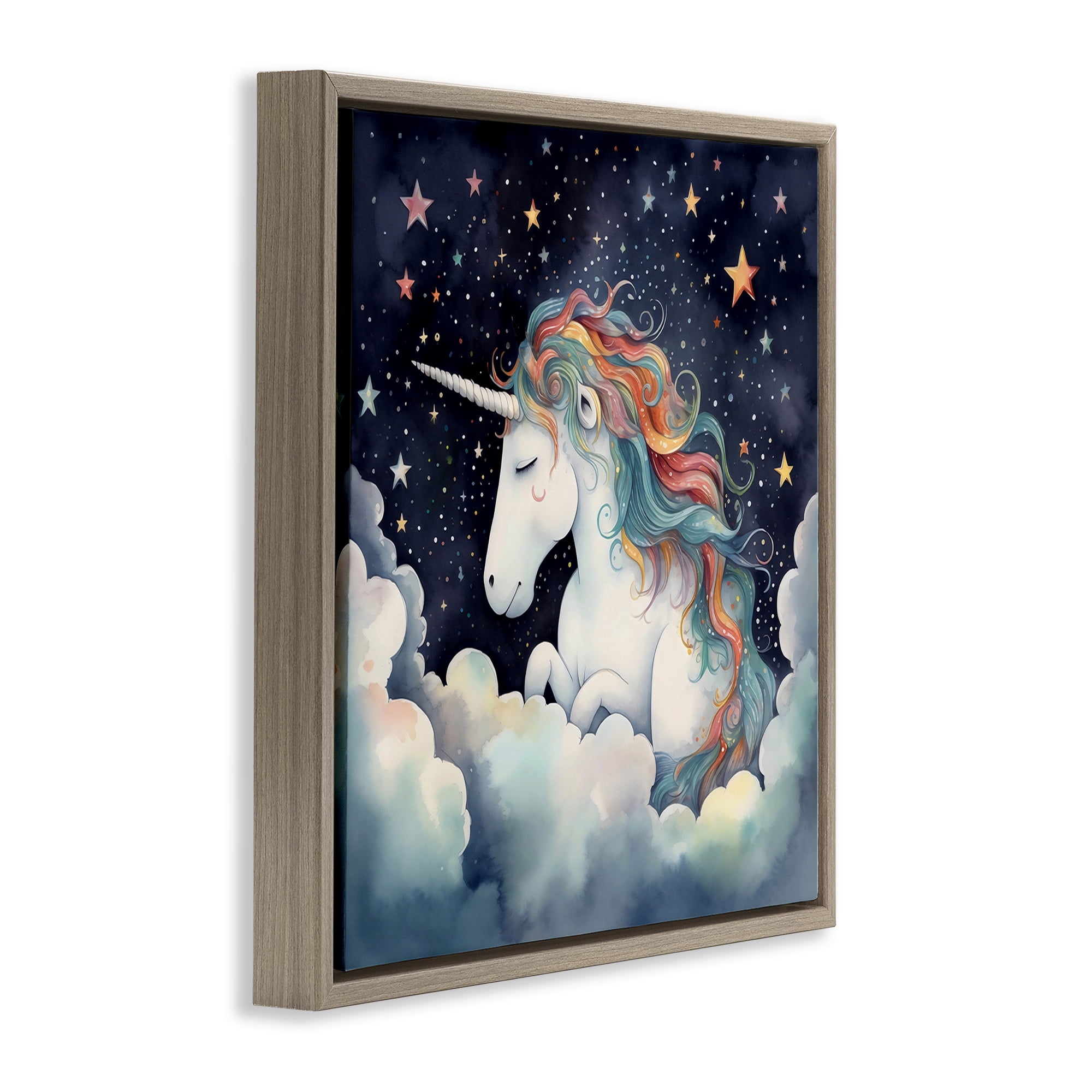 Stupell Industries Sleepy Unicorn in Starlit Clouds Brown Framed Floater Canvas Wall Art, design by Creative Studio