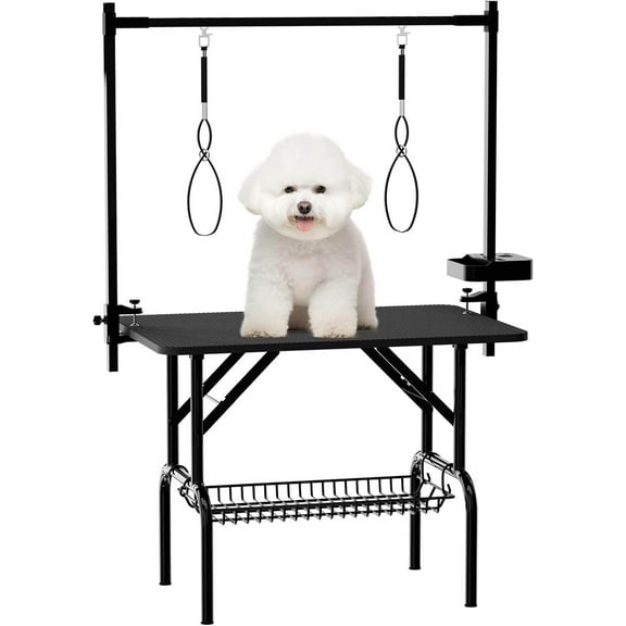 Pet Grooming Furniture 36''Large Dog Grooming Table, Foldable Pet Station at Home, Dog Grooming Table,Adjustable Cat Drying Desktop with Arms, Nooses, Mesh Tray (36Inch Pet Grooming Table Black),Dog