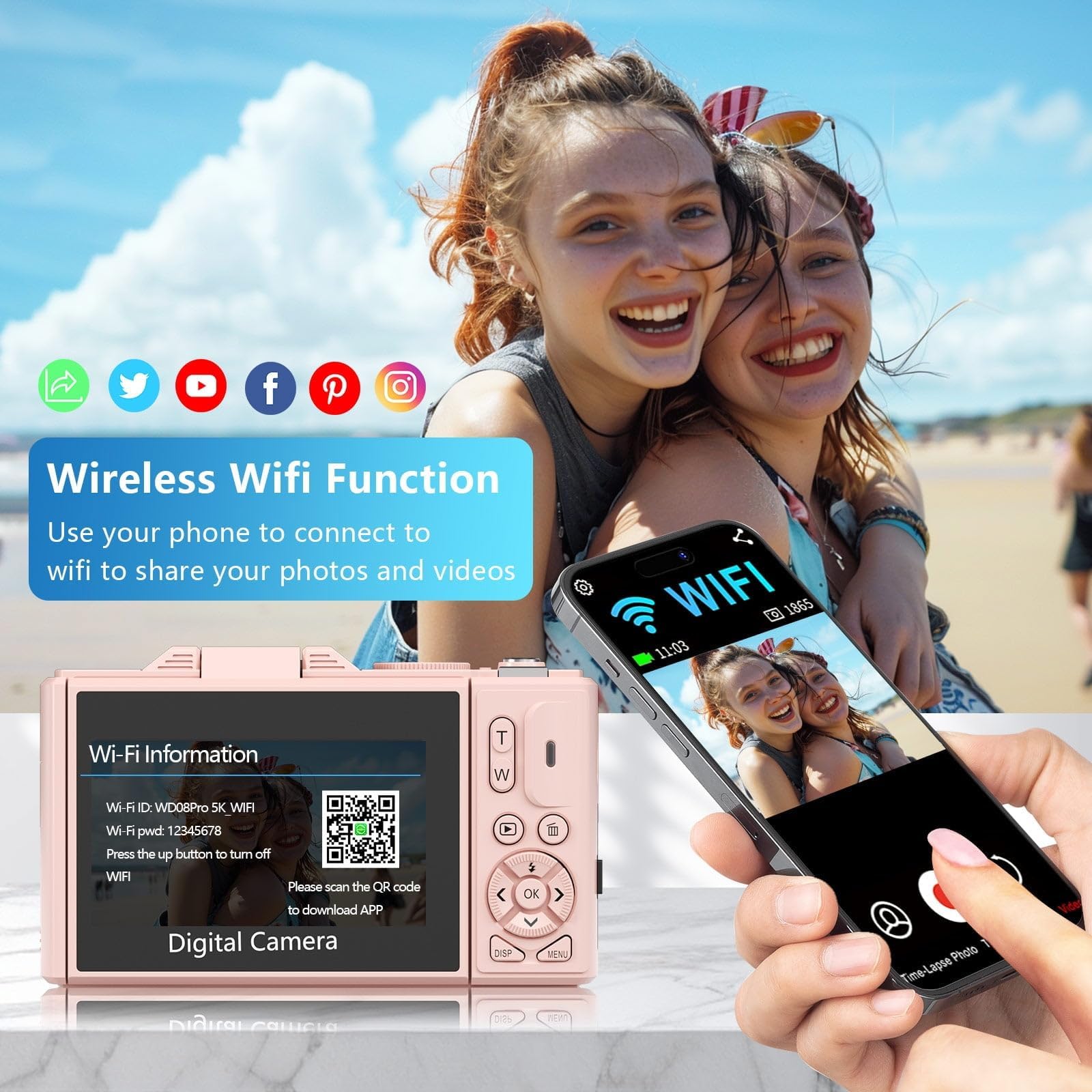 KLIOMAX 5K 75MP Digital Camera with WiFi, Autofocus, 3" Flip Screen & 18X Zoom – Compact Vlogging Camera for Photography & Video, Starter Kit (Pink)