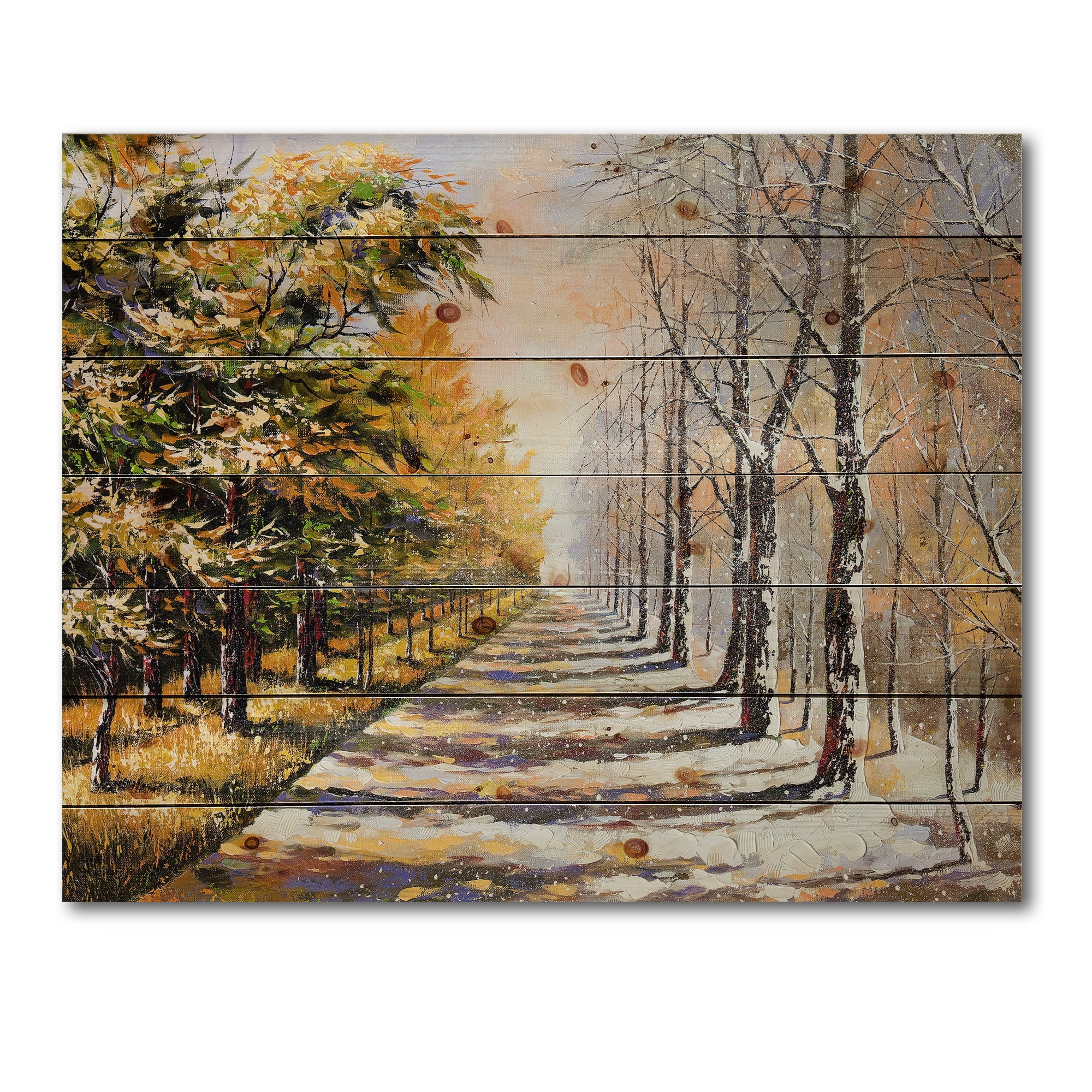Designart 'Allegory On Theme Autumn and Winter' Traditional Print on Natural Pine Wood