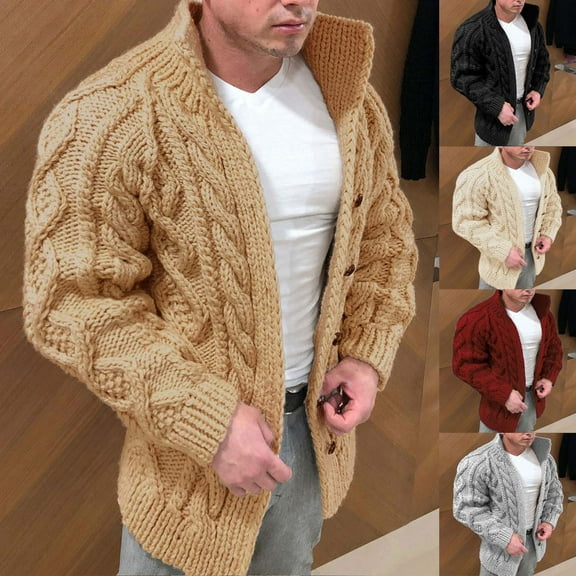 FRSASU Mens Fall and Winter Stand Collar Pullover Sweater Casual Cable Knitted Button Sweaters Winter Chunky thermal Sweaters Wine