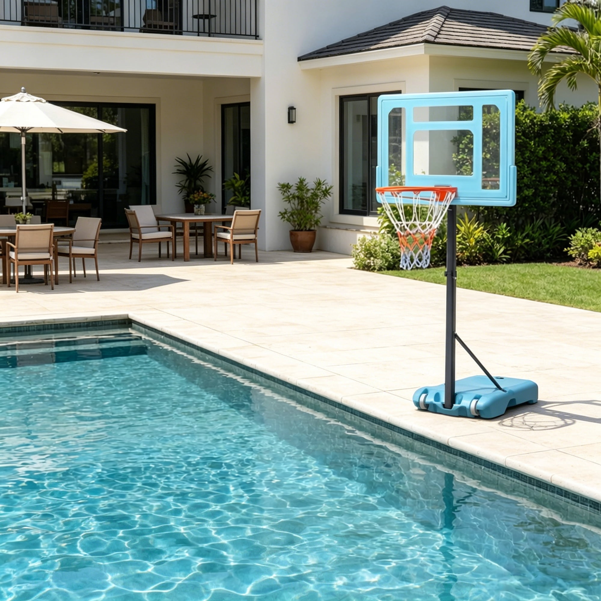 Adjustable Poolside Basketball Hoop Stand 5 Height Levels 36.5-48.5in, Weighted Fillable Base with Rolling Wheels Portable Water Basketball Game for Family Pool Party