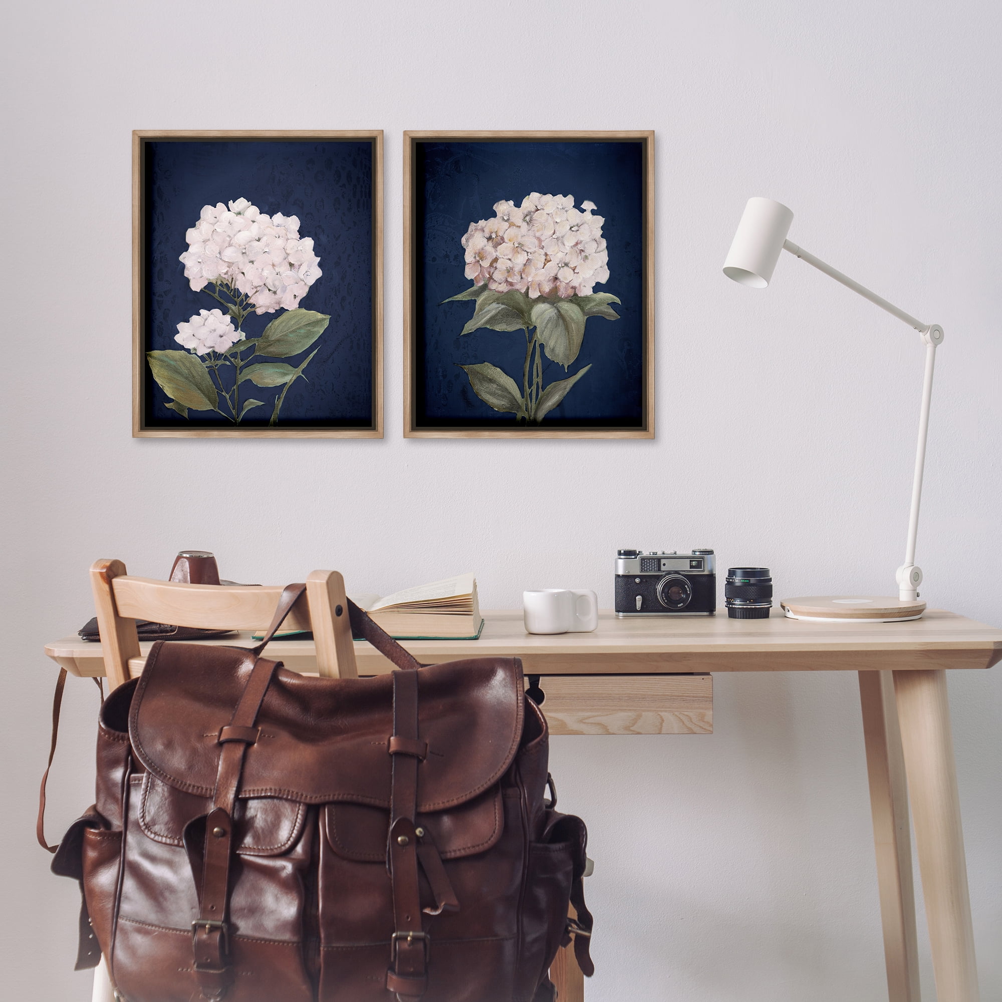 Stupell Industries Hydrangea Flower on Blue Plants & Flowers Painting Brown Floater Framed Canvas Art Print Wall Art, 17 x 21, Set of 2