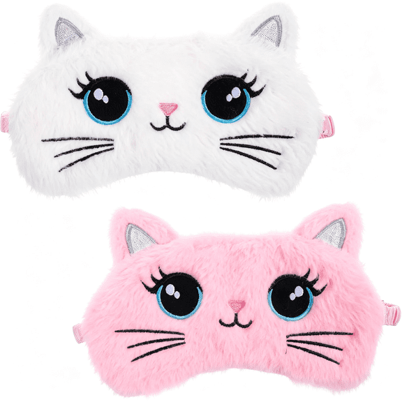 TELOLY Kids Sleep Mask,2 Pcs Cute Cat Sleeping Eye Mask Soft Plush Girls Sleep Masks Comfortable Funny Animal Night Eye Masks for Sleeping Blindfold Eye-Cover for Women Girls Home Travel