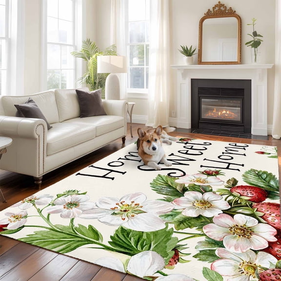 6'x9' Area Rugs, Strawberry Indoor Outdoor Area Rug for Living Room Bedroom, Summer Fruits Spring Floral Botanical Washable Bathroom Rugs Kitchen Floor Carpet Mats Home Decor Aesthetic