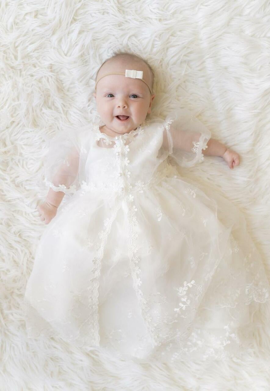 Infant Baby Girl Baptism Christening Bonnet Dress Gown Flower Occasion 0-12M 092 
