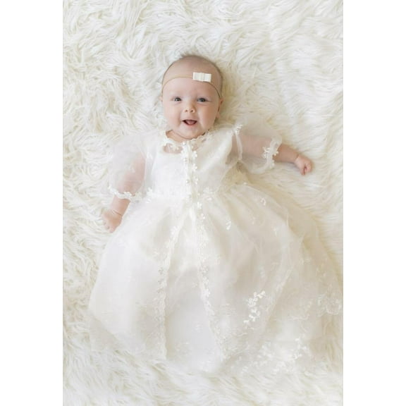 Baby Girl Sleeveless Baptism Dress Christening Gown with Bonnet and Overlay 24M
