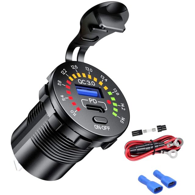 Cargador de automóvil USB PD y QC3.0 de doble toma de carga con interruptor de voltímetro 12 V / 24 V para motocicletas, UTV, RV