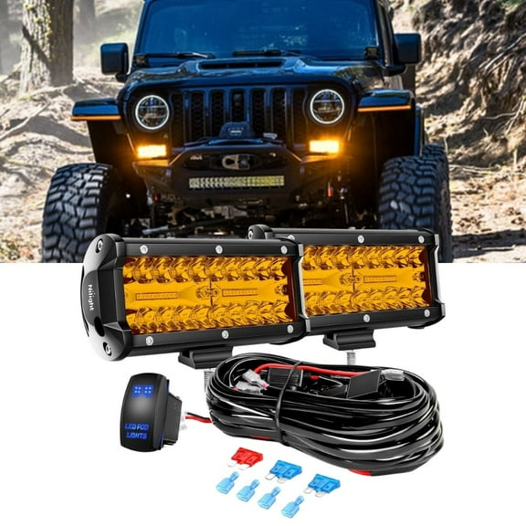 Nilight 2Pcs 6.5inch Amber 120W Spot Flood Combo Bar Waterproof Triple Rows off Road Fog Lights with 12V 5Pin Rocker Switch Wiring Harness Kit-2 Lead